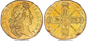 William III gold "Fine Work" 2 Guineas 1701 AU55 NGC, KM507, S-3457, Schneider-482 var. (stop after GRA). An impressive issue that boasts "Fine Work" ...