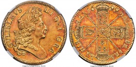 William III gold 5 Guineas 1699 AU58 NGC, KM505.1, S-3454, Schneider-478-479. UN DECIMO edge. An impactful example of this turn-of-the-century emissio...