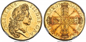 William III gold "Fine Work" 5 Guineas 1701 MS60 NGC, KM508, S-3456, Schneider-481. Plain scepters variety. A charming rendition of this most beloved ...