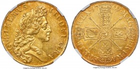 William III gold "Fine Work" 5 Guineas 1701 AU58 NGC, KM508, S-3456, Schneider-481. Plain scepters variety. The celebrated "Fine Work" portrait owes i...
