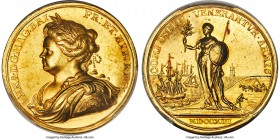 Anne gold Specimen "Peace of Utrecht" Medal 1713 SP61 PCGS, Eimer-460, MI-II-400/257. 35mm. 21.85gm. By J. Croker. A shimmering historical medal displ...