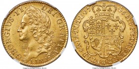 George II gold Guinea 1745-LIMA MS65 NGC, KM577.4, S-3679, Schneider-591. Intermediate Laureate Head. Of incomparable beauty and preservation for this...