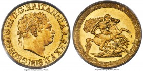 George III gold Sovereign 1818 MS63 PCGS, KM674, S-3785A, Marsh-2A. Ascending colon after BRITANNIAR, space between REX and F:D: variety. A conditiona...