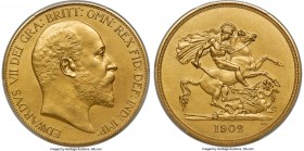 Edward VII gold Matte Proof 5 Pounds 1902 PR64 PCGS, KM807, S-3966, W&R-40. Brass-gold in appearance owing to the issue's characteristic matte texturi...