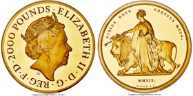 Elizabeth II gold Proof "Una and the Lion" 2000 Pounds (2 Kilos) 2019 PR69 Ultra Cameo NGC, KM-Unl., S-Unl. Mintage: 4. 150mm. An absolutely massive m...