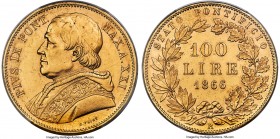 Papal States. Pius IX gold 100 Lire Anno XXI (1866)-R MS61 PCGS, Rome mint, KM1383, Fr-278. A lustrous and undeniably Mint State selection revealing c...
