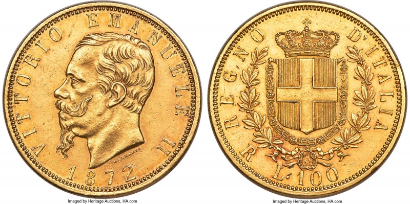 Vittorio Emanuele II gold 100 Lire 1872-R AU55+ NGC, Rome mint, KM19.2, Gig-2, P...