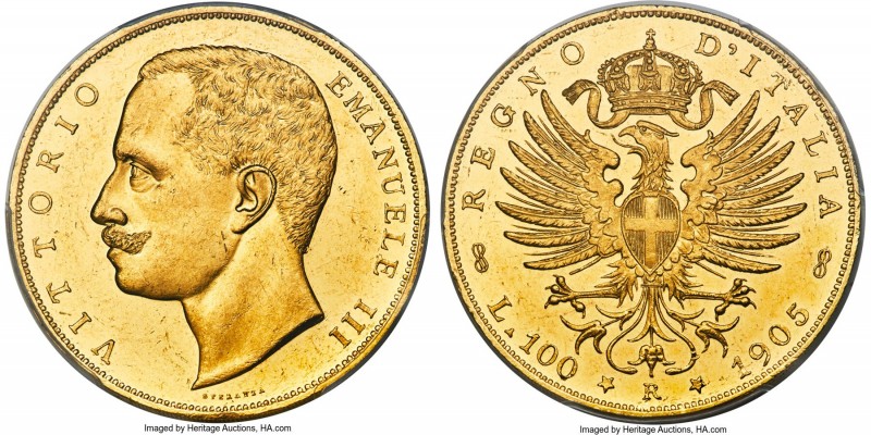 Vittorio Emanuele III gold 100 Lire 1905-R MS62 PCGS, Rome mint, KM39, Fr-22. Mi...