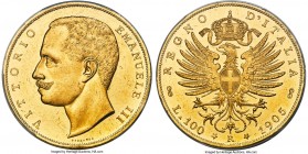 Vittorio Emanuele III gold 100 Lire 1905-R MS62 PCGS, Rome mint, KM39, Fr-22. Mintage: 1,012. Essentially Prooflike in appearance, with amply frosted ...