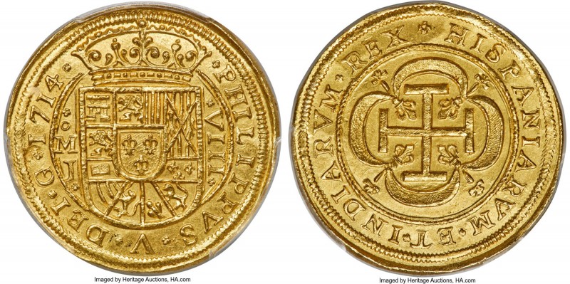 Philip V gold "Royal" 8 Escudos 1714 Mo-J MS66 PCGS, Mexico City mint, KM-R57.3 ...