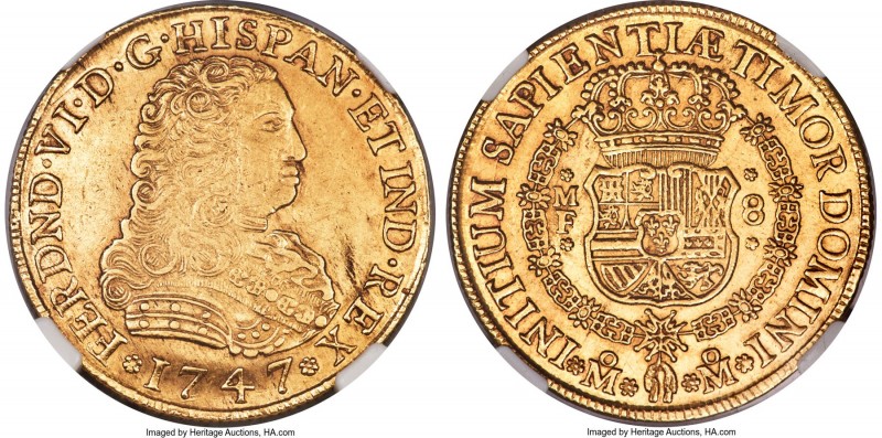 Ferdinand VI gold 8 Escudos 1747 Mo-MF AU55 NGC, Mexico City mint, KM149, Onza-5...