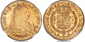 Ferdinand VI gold 8 Escudos 1747 Mo-MF AU55 NGC, Mexico City mint, KM149, Onza-596. An exceedingly rare one-year type struck in Mexico in 1747 from lo...