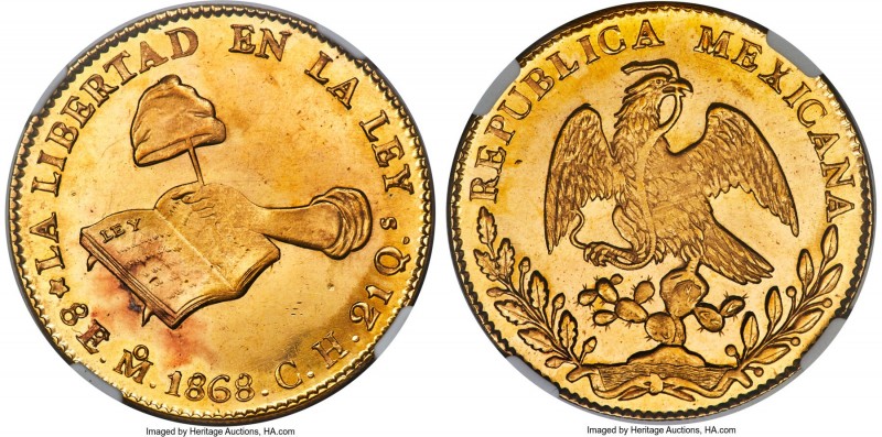 Republic gold 8 Escudos 1868 Mo-CH MS65 NGC, Mexico City mint, KM383.9, Fr-64. W...