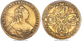 Elizabeth gold 5 Roubles 1756 XF Details (Scratch) PCGS, Red mint, KM-C27.1, Fr-124, Bit-48. Mintage: 13,000. Obv. Bust right. Rev. Cruciform crowned ...