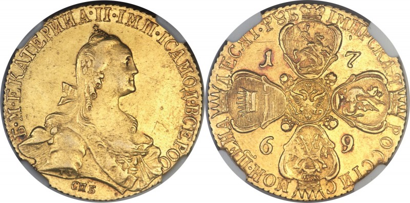 Catherine II gold 10 Roubles 1769/8-СПБ UNC Details (Surface Hairlines) NGC, St....