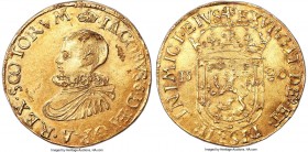 James VI (I) gold Ducat (4 Pounds) 1580 AU55 NGC, Edinburgh mint, Crown mm, Third coinage, S-5452, Fr-38, Burns-pg. 387, 1 (Fig. 948), SCBI XXXV-1142....