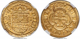 Philip III gold Escudo 1607 (Aqueduct)-C MS66 NGC, Segovia mint, KM29, Cal-60, Cay-4964. PHILIP legend variety. A very historic issue, coming as the i...