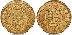Philip V gold 8 Escudos 1713 S-M MS64+ NGC, Seville mint, KM260, Cal-173, Cay-9942. A classic milled rarity of Philip V's gold coinage, even more so w...