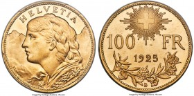 Confederation gold 100 Francs 1925-B MS65+ PCGS, Bern mint, KM39, Fr-502, HMZ-2-1193a. Mintage: 5,000. Indisputably gem in character, a semi-reflectiv...