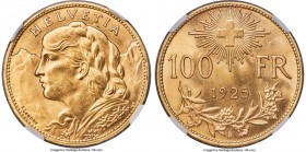 Confederation gold 100 Francs 1925-B MS65 NGC, Bern mint, KM39, HMZ-2-1193a. Mintage: 5,000. Beautifully lustrous and notably lacking in any larger ma...