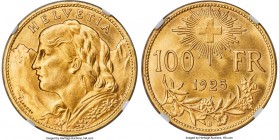 Confederation gold 100 Francs 1925-B MS64 NGC, Bern mint, KM39, HMZ-2-1193a. Mintage: 5,000. Marked by a rich and blooming aurous luster that decorate...