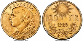 Confederation gold 100 Francs 1925-B MS64 NGC, Bern mint, KM39, HMZ-2-1193a. Mintage: 5,000. Considered a key to the Swiss 20th century gold series, t...