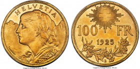 Confederation gold 100 Francs 1925-B MS64 PCGS, Bern mint, KM39, HMZ-2-1193a. Mintage: 5,000. Only subtle friction and the faintest handling prevent a...