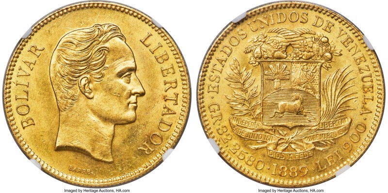 Republic gold 100 Bolivares 1889 MS63 NGC, Caracas mint, KM-Y34, Fr-2. Of decide...