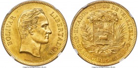 Republic gold 100 Bolivares 1889 MS63 NGC, Caracas mint, KM-Y34, Fr-2. Of decidedly scarce preservation for this 100 Bolivares issue, with only two ex...