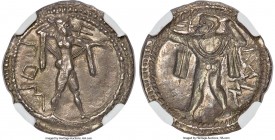 LUCANIA. Poseidonia. Ca. 530-500 BC. AR drachm (20mm, 3.30 gm, 12h). NGC AU 5/5 - 4/5. ΠΟM, Poseidon advancing right, nude but for chlamys draped over...
