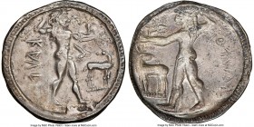 BRUTTIUM. Caulonia. Early 5th century BC. AR stater or nomos (27mm, 7.42 gm, 12h). NGC XF 5/5 - 3/5. KAVΛO (retrograde), full-length figure of nude Ap...