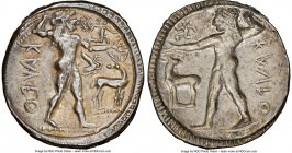 BRUTTIUM. Caulonia. Early 5th century BC. AR stater or nomos (26mm, 7.64 gm, 12h). NGC Choice VF 5/5 - 3/5. KAVΛO (retrograde), full-length figure of ...