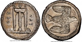BRUTTIUM. Croton. Ca. 500-480 BC. AR stater or nomos (25mm, 7.66 gm, 3h). NGC Choice XF 5/5 - 3/5. ϘPO-TON, ornamented sacrificial tripod, legs termin...