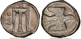 BRUTTIUM. Croton. Ca. 480-430 BC. AR stater or nomos (19mm, 7.57 gm, 2h). NGC Choice XF 5/5 - 4/5. ϘPO, ornamented sacrificial tripod, legs terminatin...