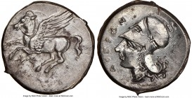 BRUTTIUM. Locri Epizephyrii. Ca. 350-275 BC. AR stater (22mm, 8.64 gm, 9h). NGC Choice AU 4/5 - 3/5, die shift. Ca. 317-310 BC. Pegasus flying left, h...