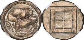 MACEDON. Acanthus. Ca. 470-430 BC. AR tetradrachm (29mm, 17.34 gm, 12h). NGC Choice AU 5/5 - 4/5, die shift. Lion with long curved tail springing righ...