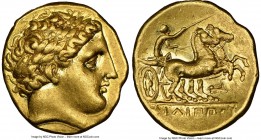 MACEDONIAN KINGDOM. Philip II (359-336 BC). AV stater (19mm, 8.63 gm, 7h). NGC AU 5/5 - 4/5. Posthumous issue of Pella, ca. 336-328 BC. Laureate head ...
