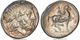 MACEDONIAN KINGDOM. Philip II (359-336 BC). AR tetradrachm (26mm, 14.13 gm, 3h). NGC Choice XF 3/5 - 2/5, test cut, die shift, brushed. Posthumous iss...