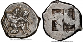 THRACIAN ISLANDS. Thasos. Ca. 500-450 BC. AR stater (21mm, 9.28 gm). NGC AU 5/5 - 3/5, scratches. Thasian standard. Nude ithyphallic satyr running rig...