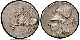 CORINTHIA. Corinth. 4th century BC. AR stater (21mm, 8.54 gm, 5h). NGC Choice XF 5/5 - 5/5. Pegasus with pointed wing flying left, Ϙ below / Head of A...