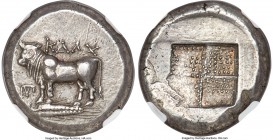 BITHYNIA. Calchedon. Ca. 387-340 BC. AR tetradrachm (or stater?) (23mm, 15.12 gm). NGC AU S 5/5 - 4/5. KAΛX, bull standing left on corn ear right; ΠM ...