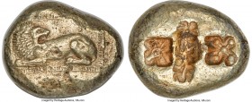IONIA. Miletus. Ca. 600-550 BC. EL stater (22mm, 14.02 gm, 6h). NGC AU 5/5 - 2/5, scuffs. Lion reclining left, head reverted, within ornamental rectan...