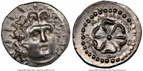 CARIAN ISLANDS. Rhodes. Ca. 84-30 BC. AR drachm (20mm, 4.12 gm, 8h). NGC MS 5/5 - 4/5. Charmeios, magistrate. Radiate head of Helios facing, turned sl...