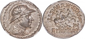 BACTRIAN KINGDOM. Eucratides I the Great (ca. 170-145 BC). AR tetradrachm (32mm, 16.96 gm, 12h). NGC Choice AU 5/5 - 4/5. Draped and cuirassed bust of...