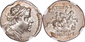 BACTRIAN KINGDOM. Eucratides I the Great (ca. 170-145 BC). AR drachm (18mm, 4.24 gm, 1h). NGC MS 5/5 - 5/5, Fine Style. Diademed, draped bust of Eucra...