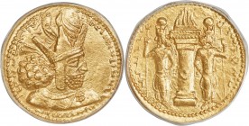 SASANIAN KINGDOM. Shapur I the Great (AD 240-272). AV dinar (23mm, 7.29 gm, 3h). ANACS AU 55. Mint VI? ("Sakastan"?), Phase Ic, ca. AD 251-258. Bust o...