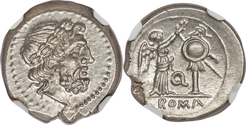 Anonymous (ca. 211-208 BC). AR victoriatus (17mm, 3.32 gm, 9h). NGC Choice MS 5/...