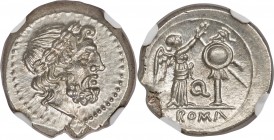 Anonymous (ca. 211-208 BC). AR victoriatus (17mm, 3.32 gm, 9h). NGC Choice MS 5/5 - 5/5, Fine Style. Apulia, Q series. Laureate head of Jupiter right ...