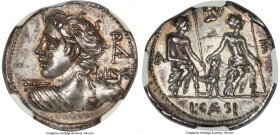 Lucius Caesius (ca. 112/1 BC). AR denarius (21mm, 3.94 gm, 1h). NGC Choice AU S 5/5 - 5/5, Fine Style. Rome. Bust of Vejovis left, viewed from behind,...