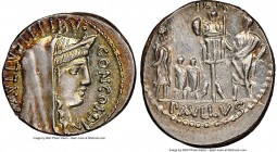 L. Aemilius Lepidus Paullus (ca. 62 BC). AR denarius (19mm, 4.06 gm, 3h). NGC MS 4/5 - 5/5. Rome. PAVLLVS LEPIDVS-CONCORDIA, diademed, veiled head of ...